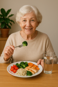 KI-generiertes Bild einer Seniorin mit einem gesunden Mittagessen